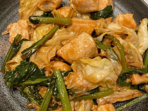 鶏胸肉とキャベツと小松菜のケチャップ炒め